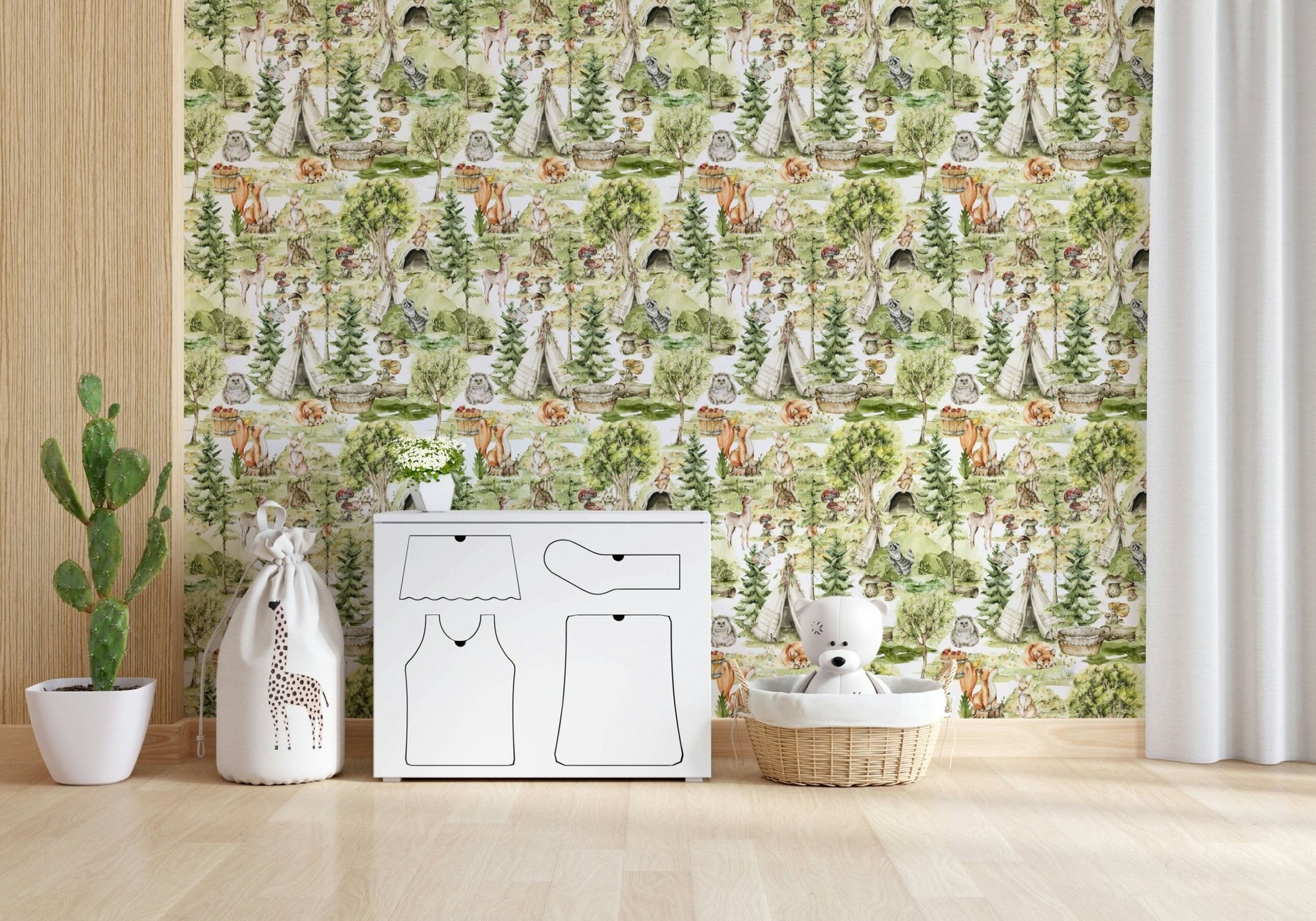 Tiny mushrooms and tall pines Enchanted Forest Tales mural.
