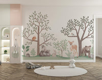 Playful enchanted forest wallpaper with wildlife details