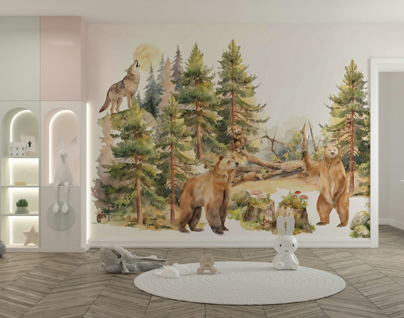 Enchanted forest mural with mystical trees.

