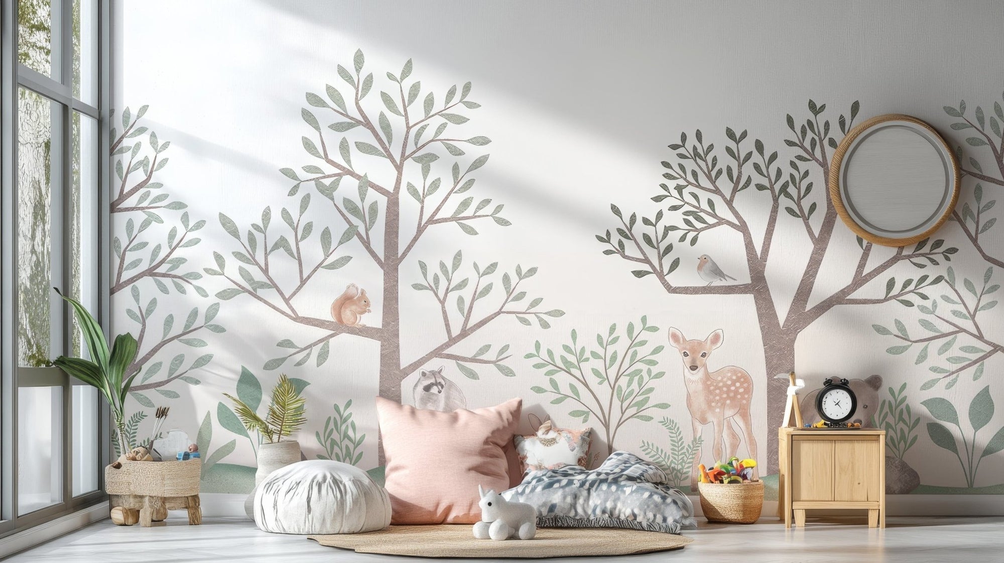 Enchanted Forest Wallpaper with deer and raccoon art, C12