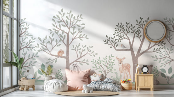 Enchanted Forest Wallpaper with deer and raccoon art, C12