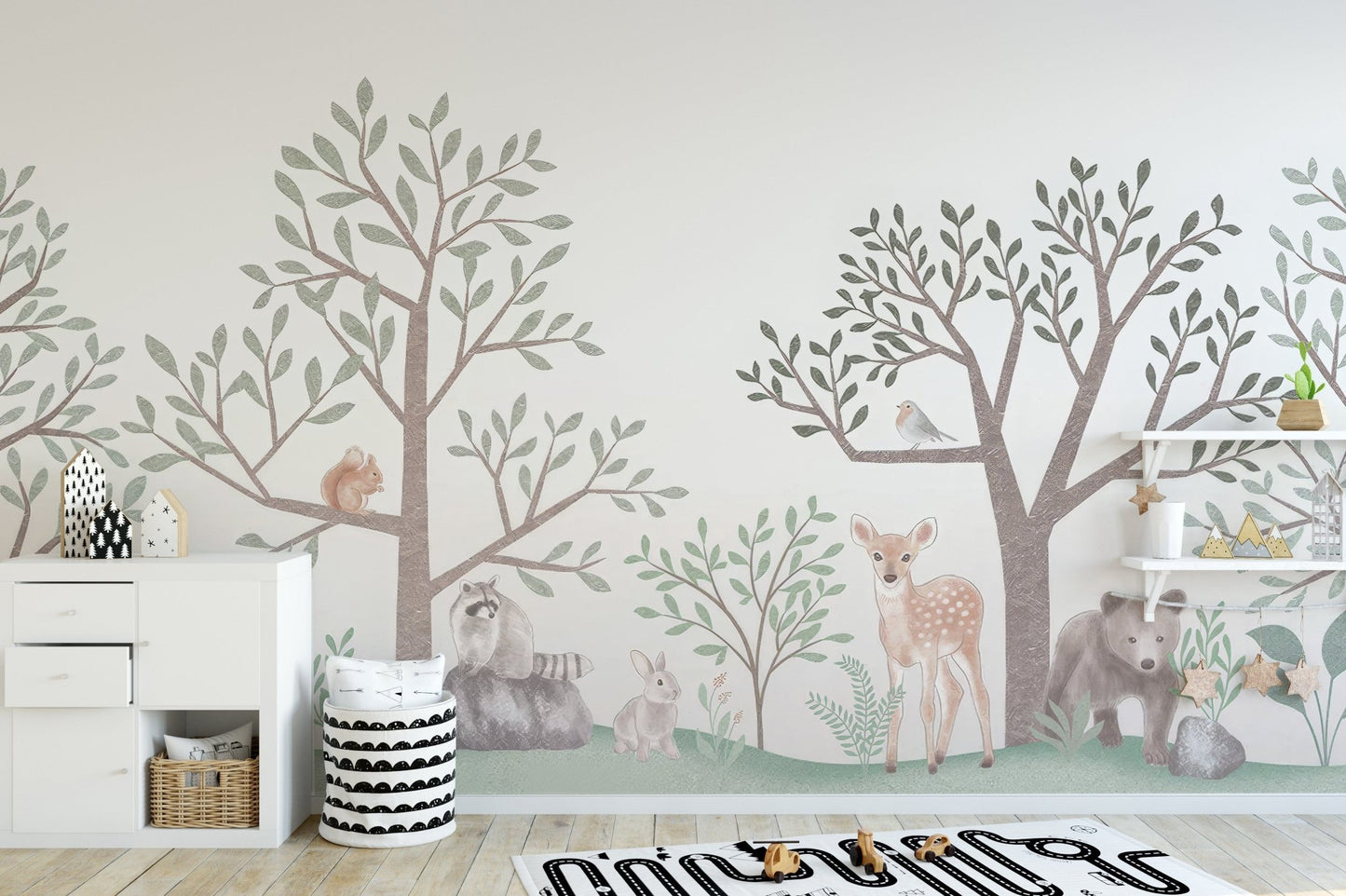 Soft pastel forest wallpaper with deer and squirrel art