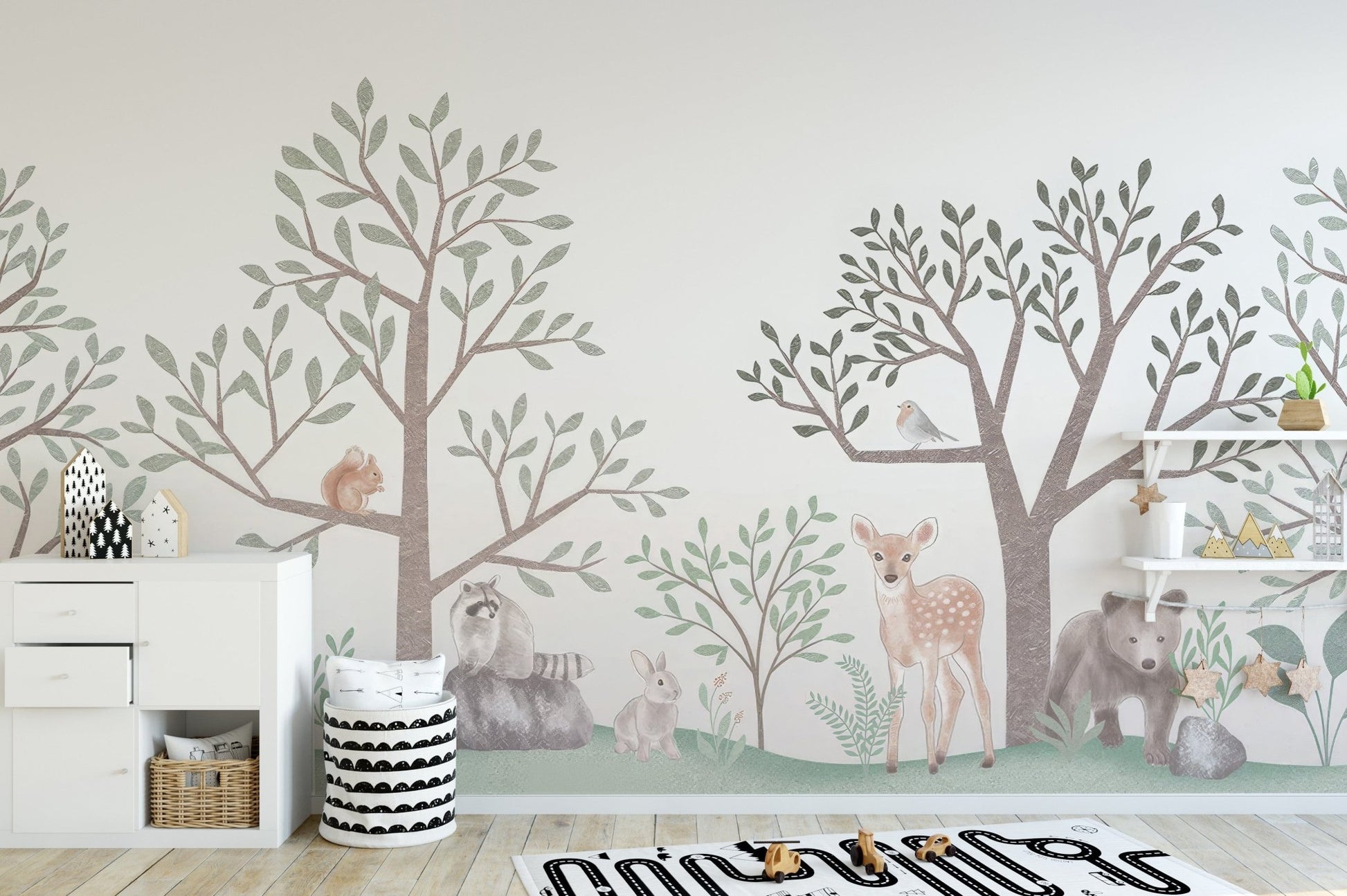 Soft pastel forest wallpaper with deer and squirrel art