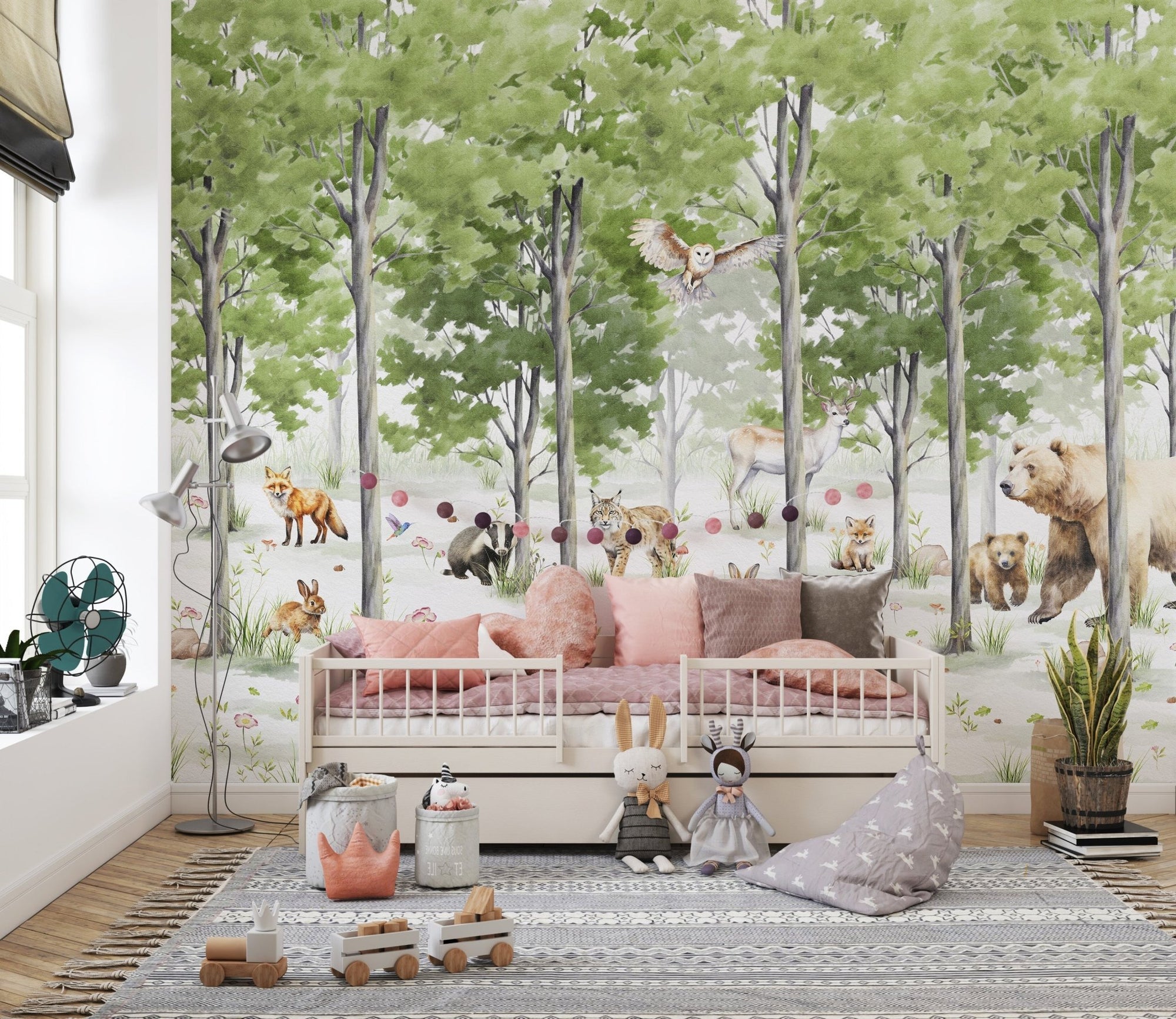 Magical forest mural with woodland creatures C100
