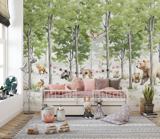 Magical forest mural with woodland creatures C100