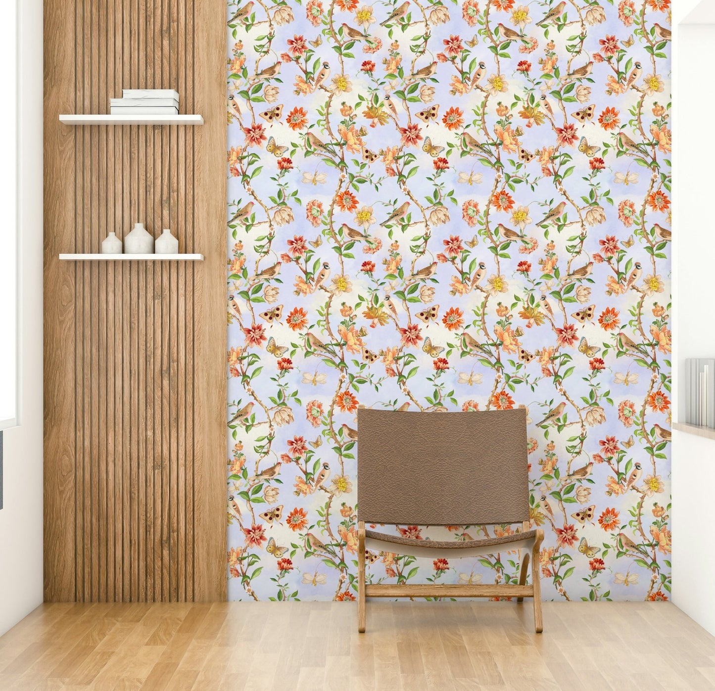 Nature-inspired wall mural with colorful birds

