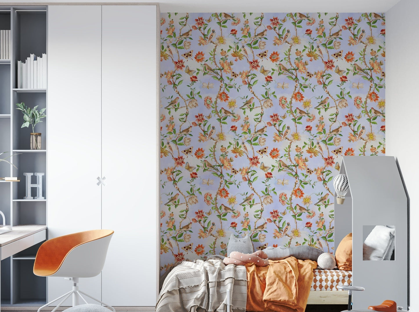 Enchanted garden bird wall mural close-up

