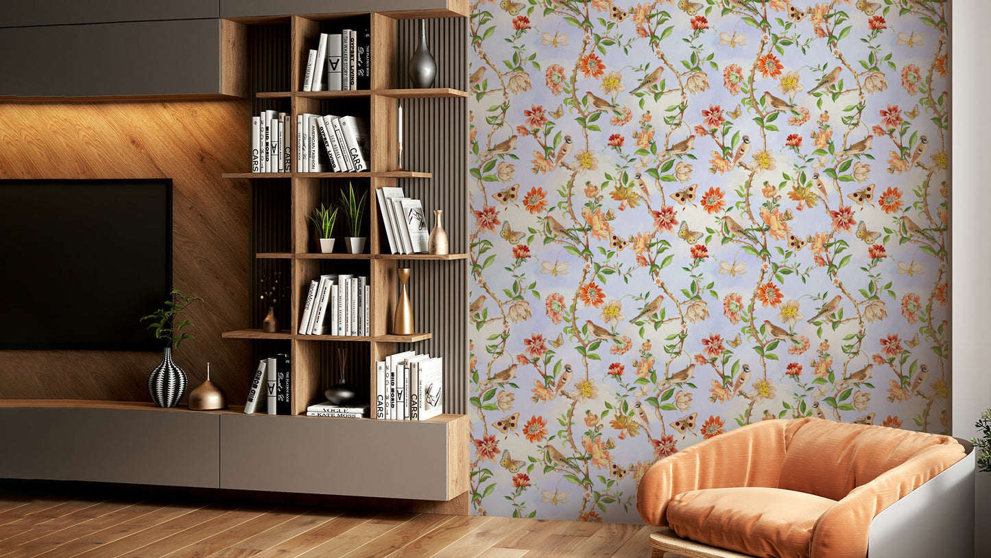 Birds perched in a lush garden wall mural

