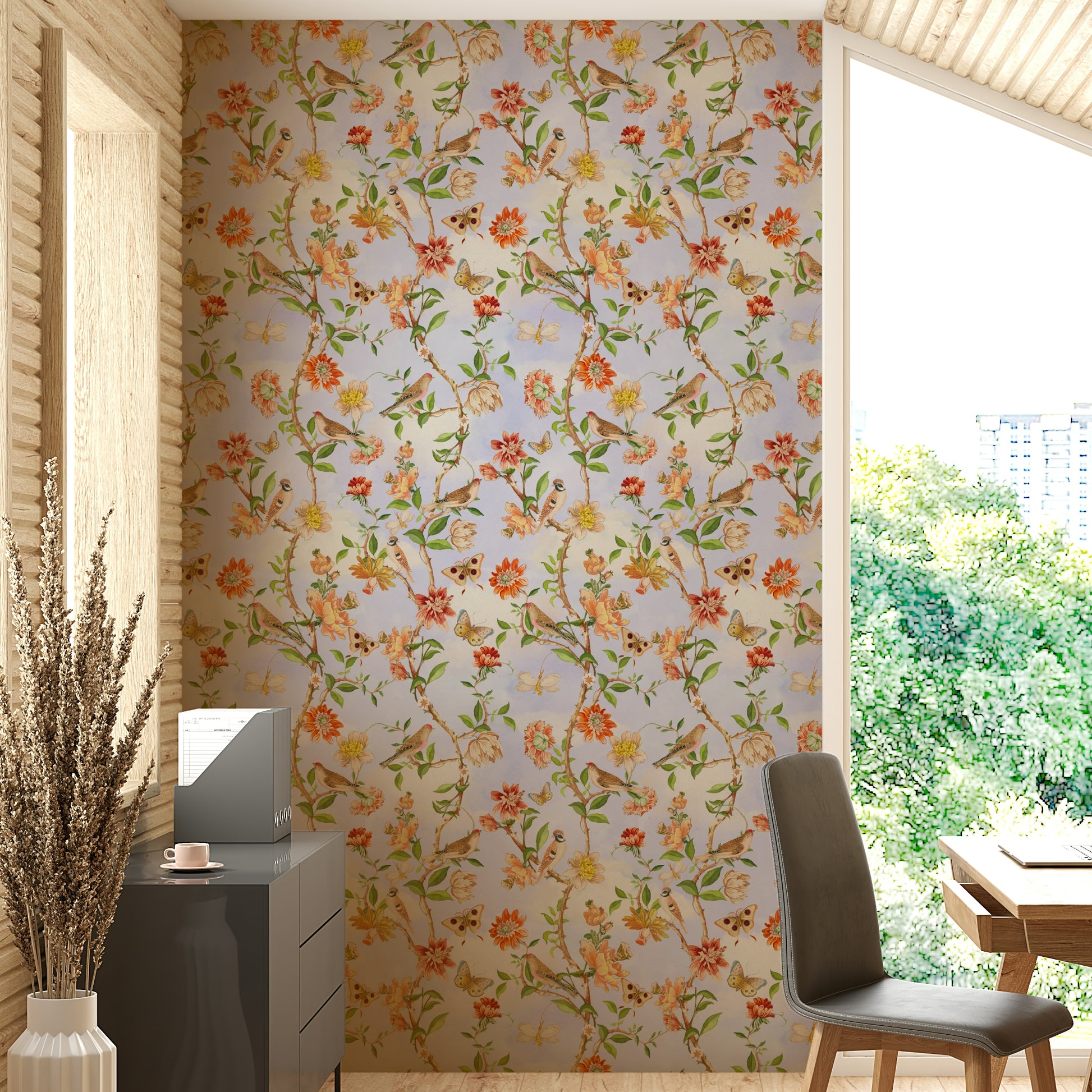 Tropical birds in a garden wallpaper pattern

