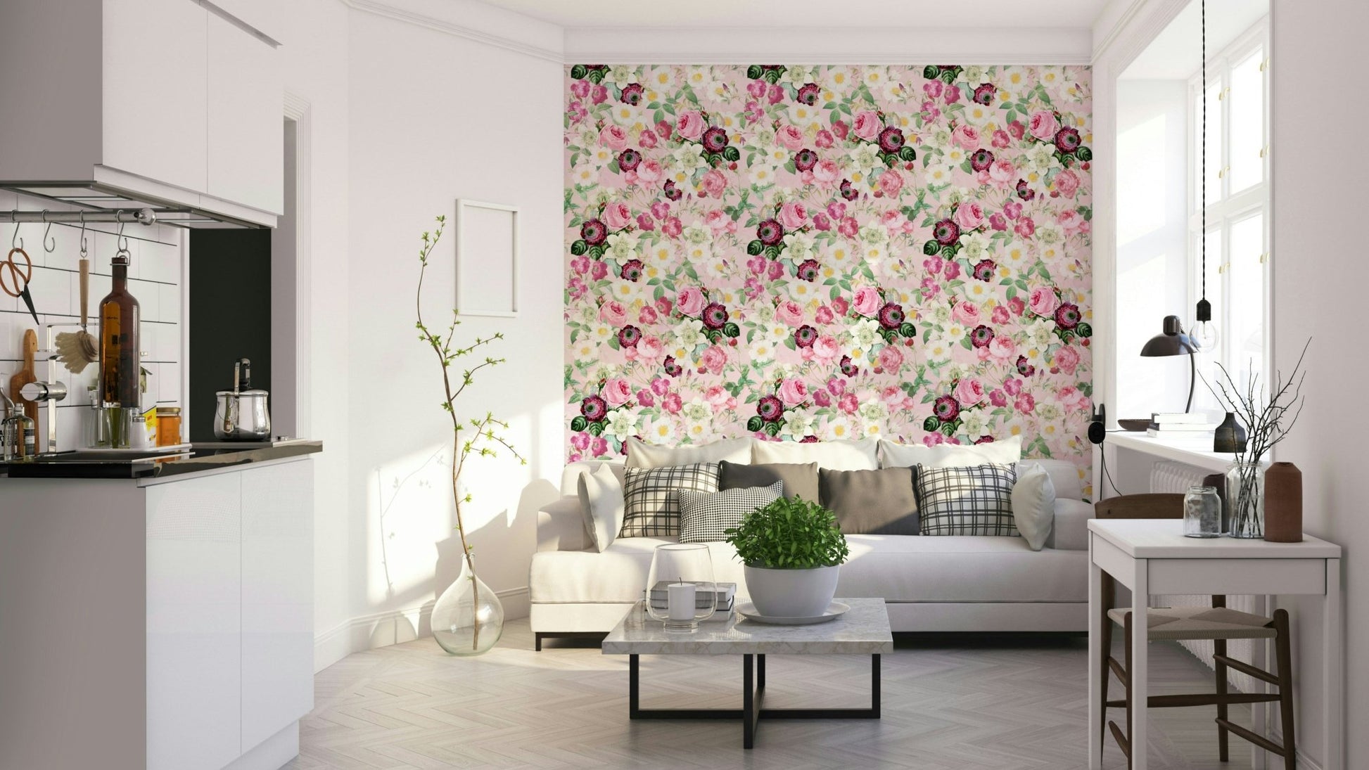 Enchanted Garden Roses wallpaper with soft pink blooms., GD1342