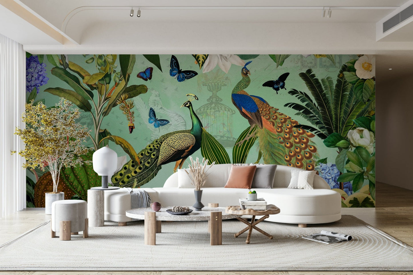 Serene garden wall mural with lively colors and details

