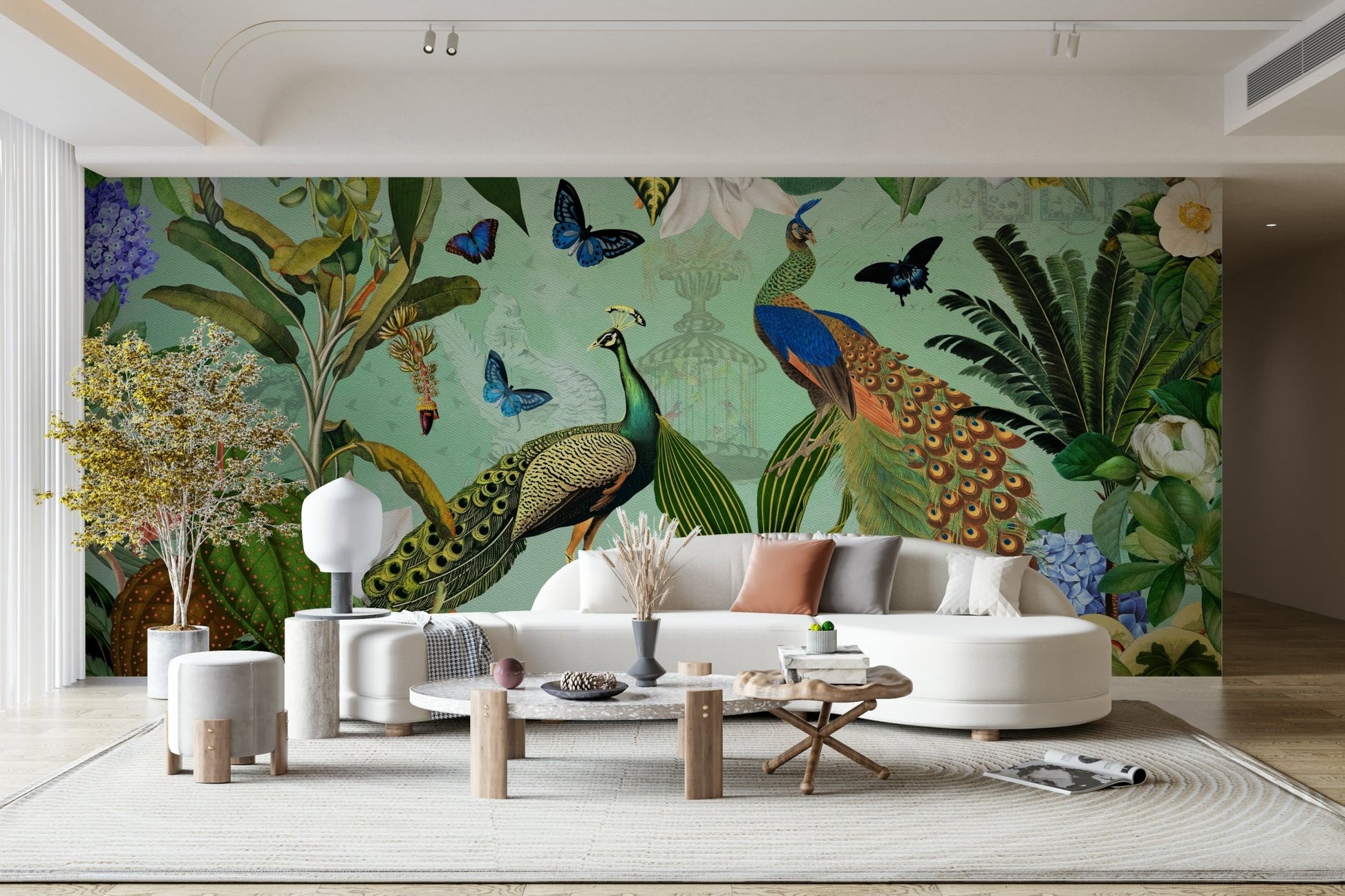 Serene garden wall mural with lively colors and details

