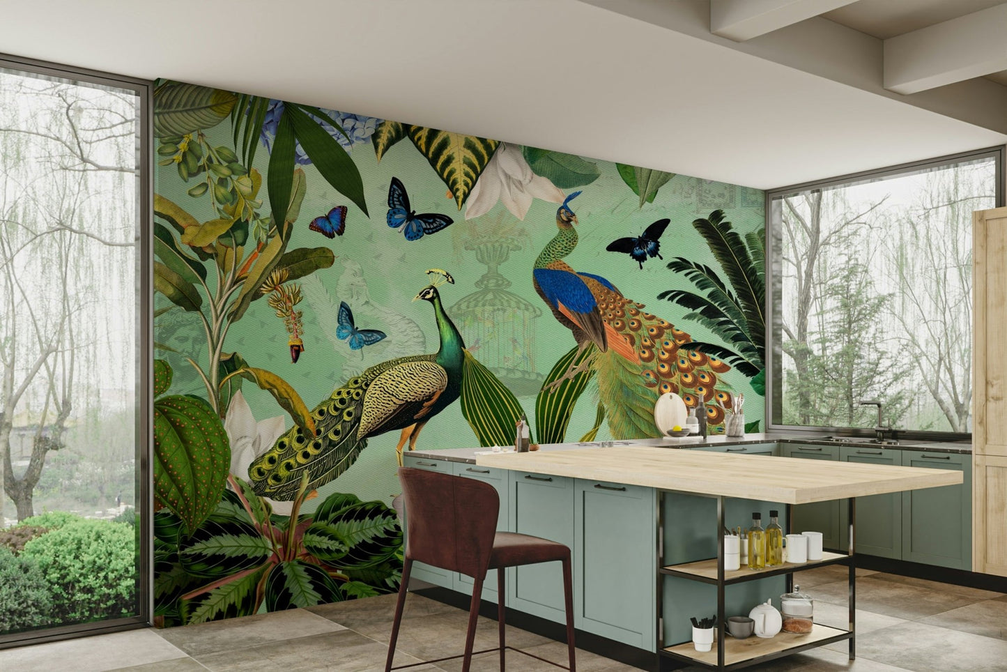 Lush green and colorful garden mural for interiors

