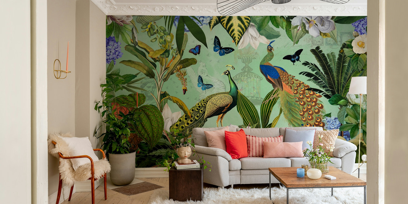 Lush greenery and flowers in Enchanted Garden Mural

