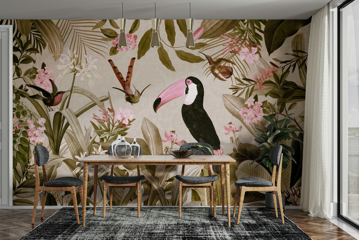 Exotic jungle mural for creating a nature-inspired space.

