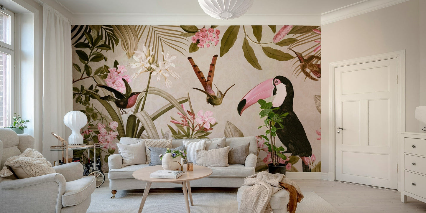 Wild jungle mural with vibrant foliage and animal details.

