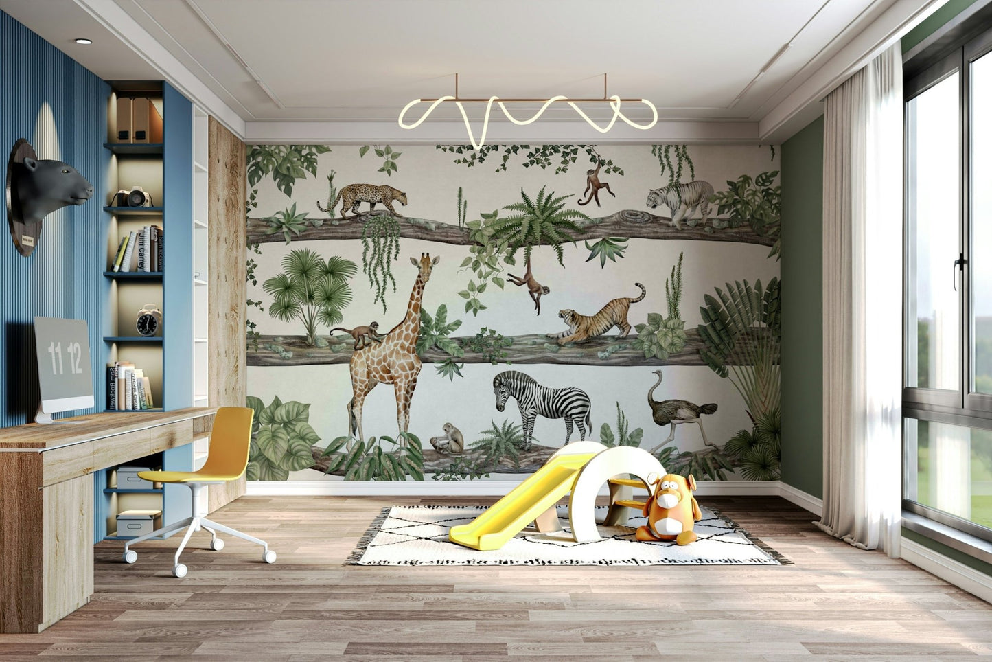 A calming rainforest design wallpaper mural that defines a space.

