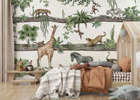 A peaceful jungle scene mural on decorative wallpaper.

