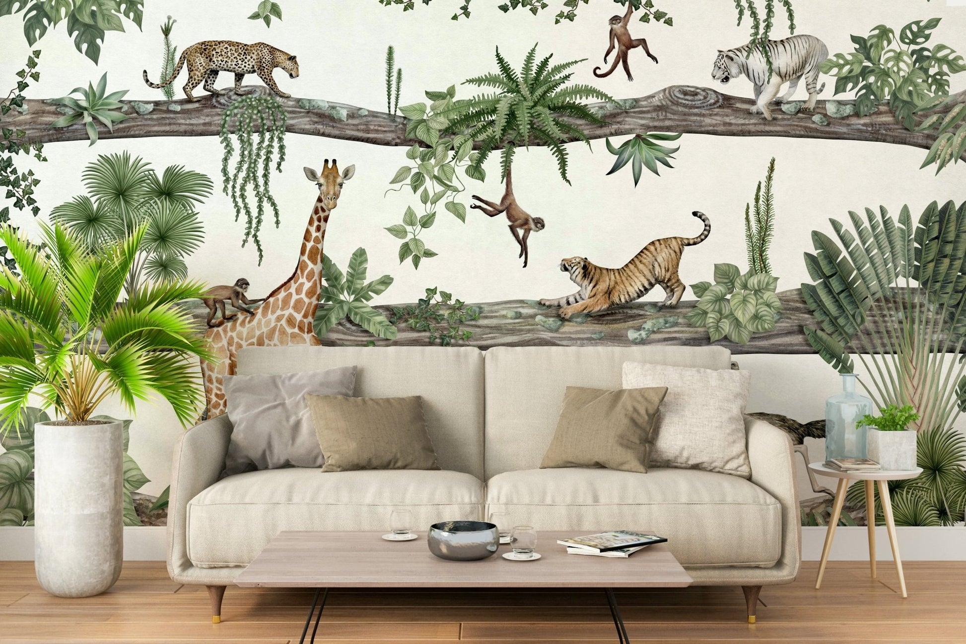 A beautiful tropical foliage wall mural for a living room.


