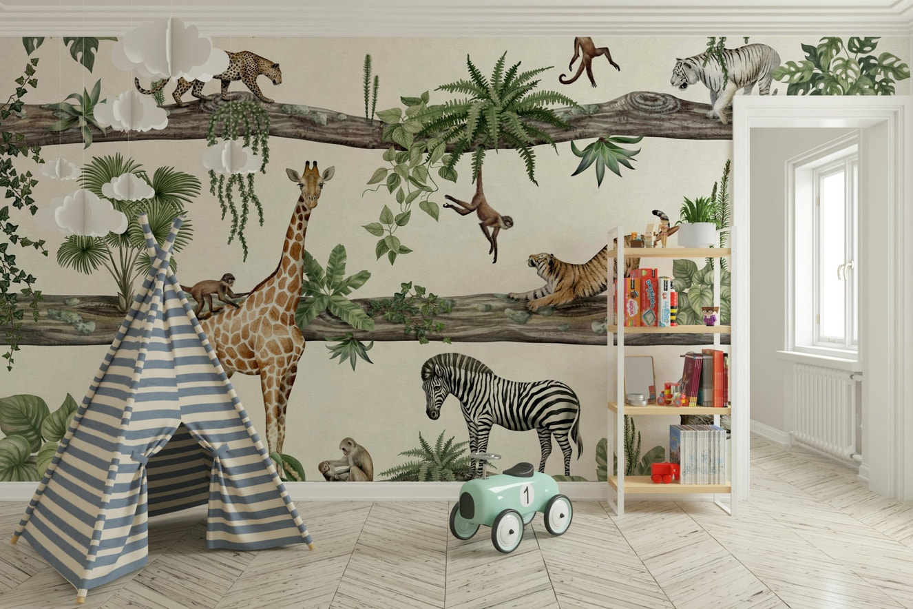 A serene tropical forest wall mural for exotic decor.

