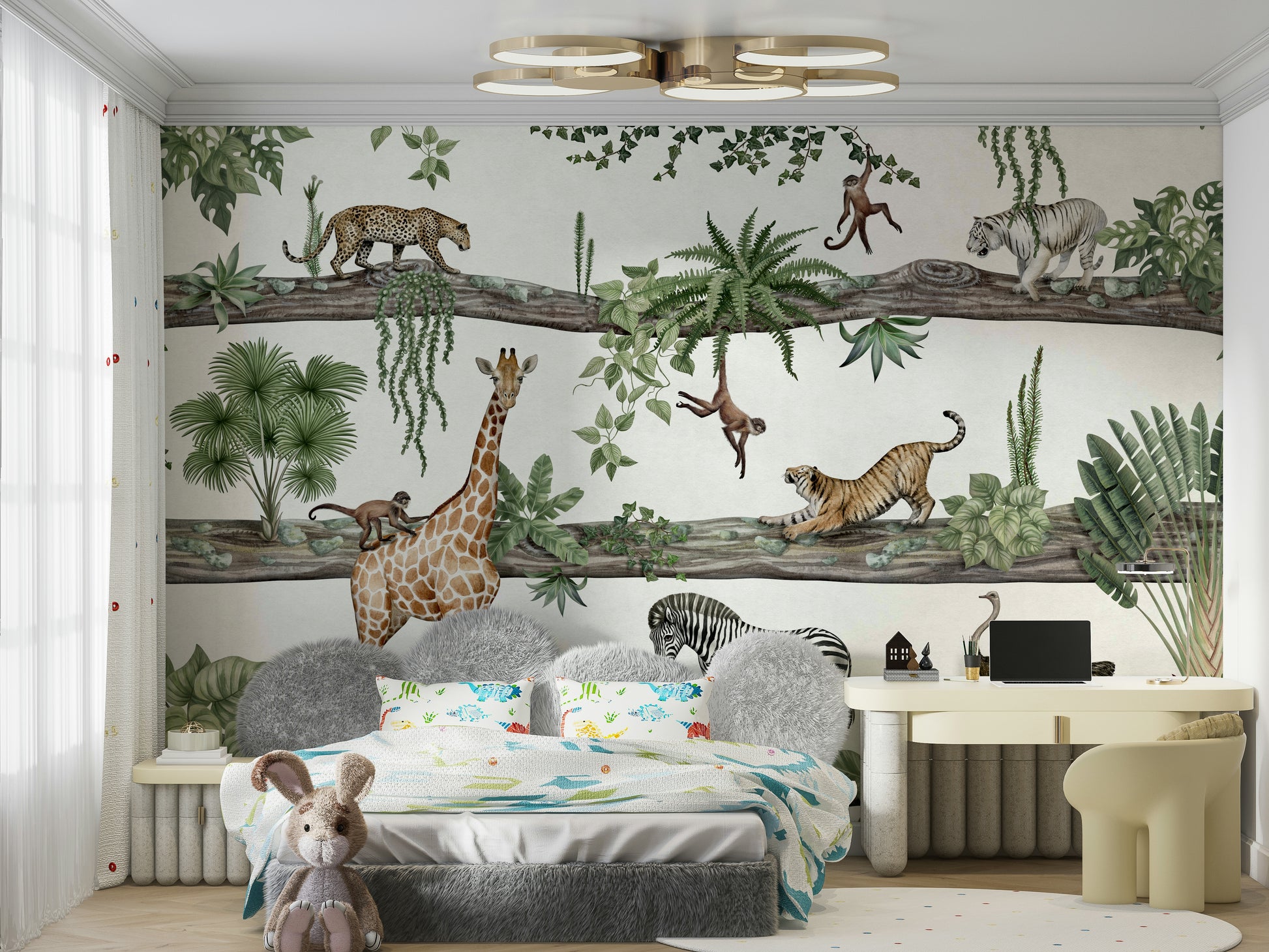 An artistic exotic landscape mural for home decor.

