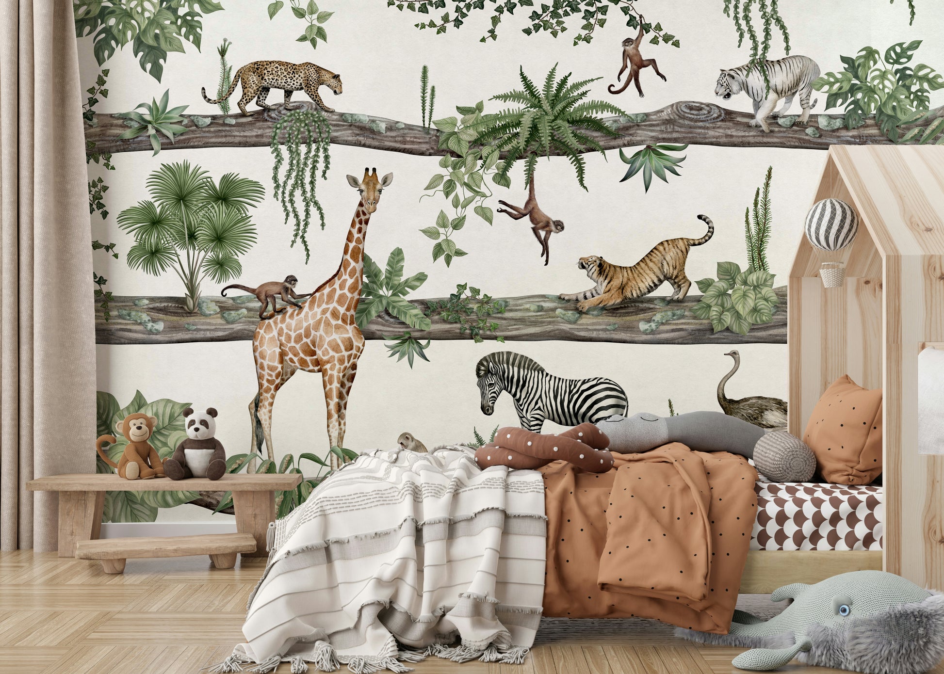 A peaceful jungle scene mural on decorative wallpaper.


