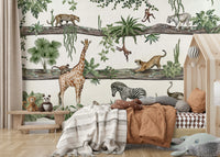 A peaceful jungle scene mural on decorative wallpaper.

