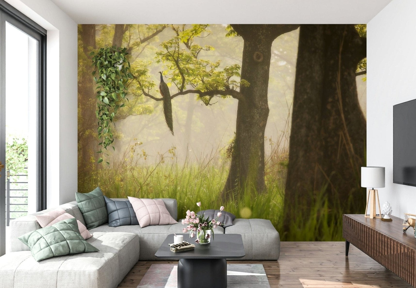 Enchanted lush Forest wall mural peacock perch foggy green., GD7053