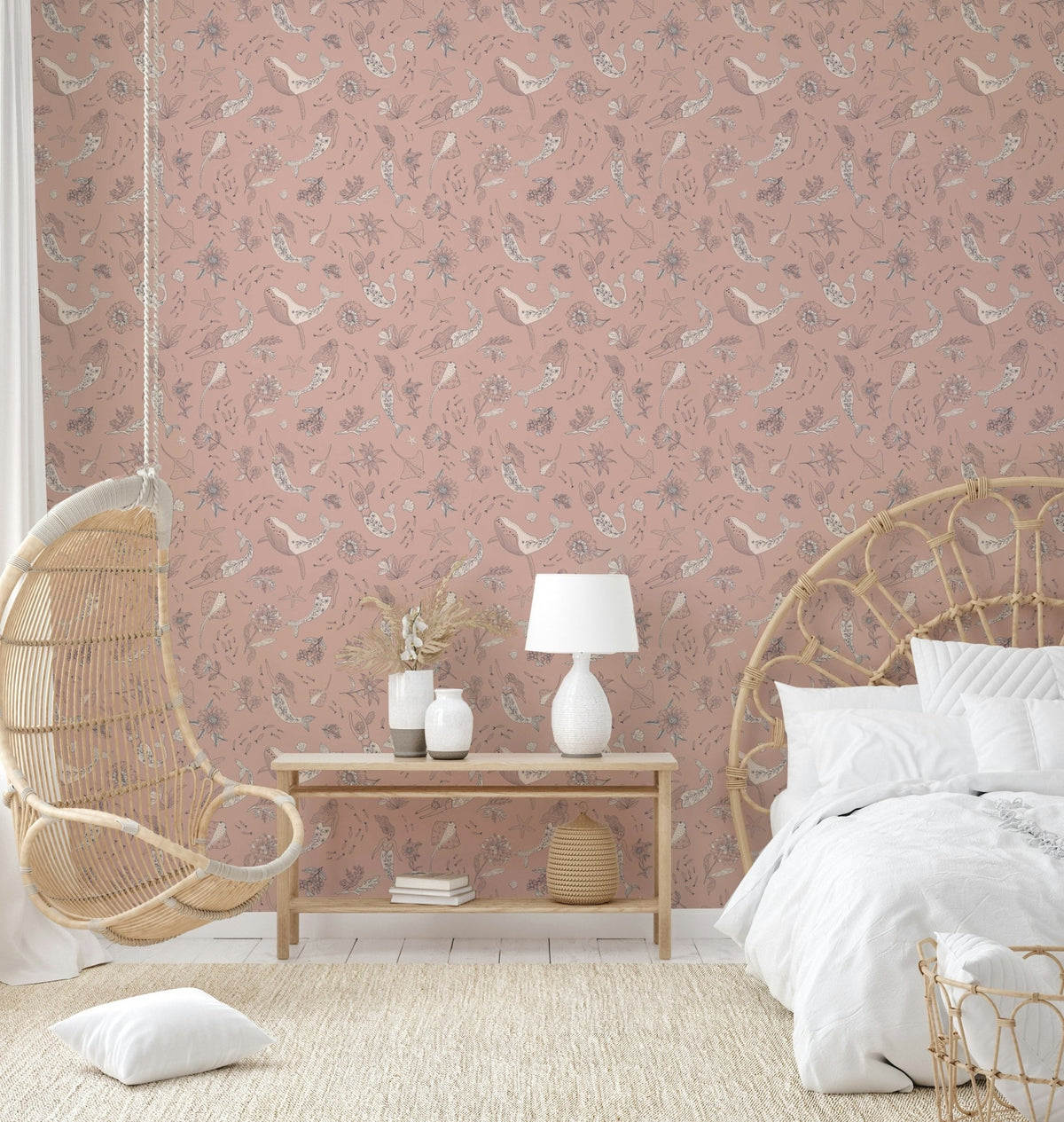 Mermaid and sea creature wallpaper in pastel hues, GD960