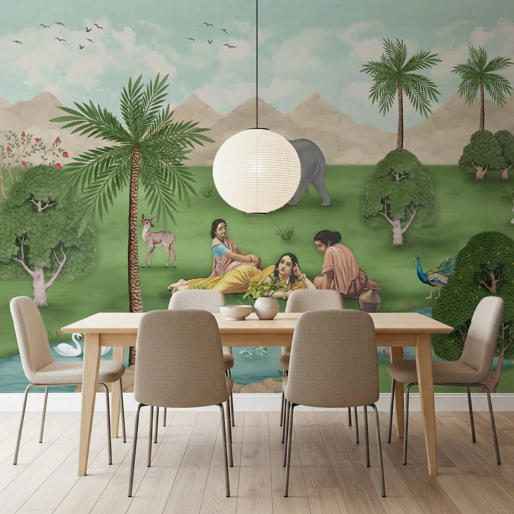 Enchanted Mughal Landscape Wall Mural behind a dining table in a bright dining room, GD8956