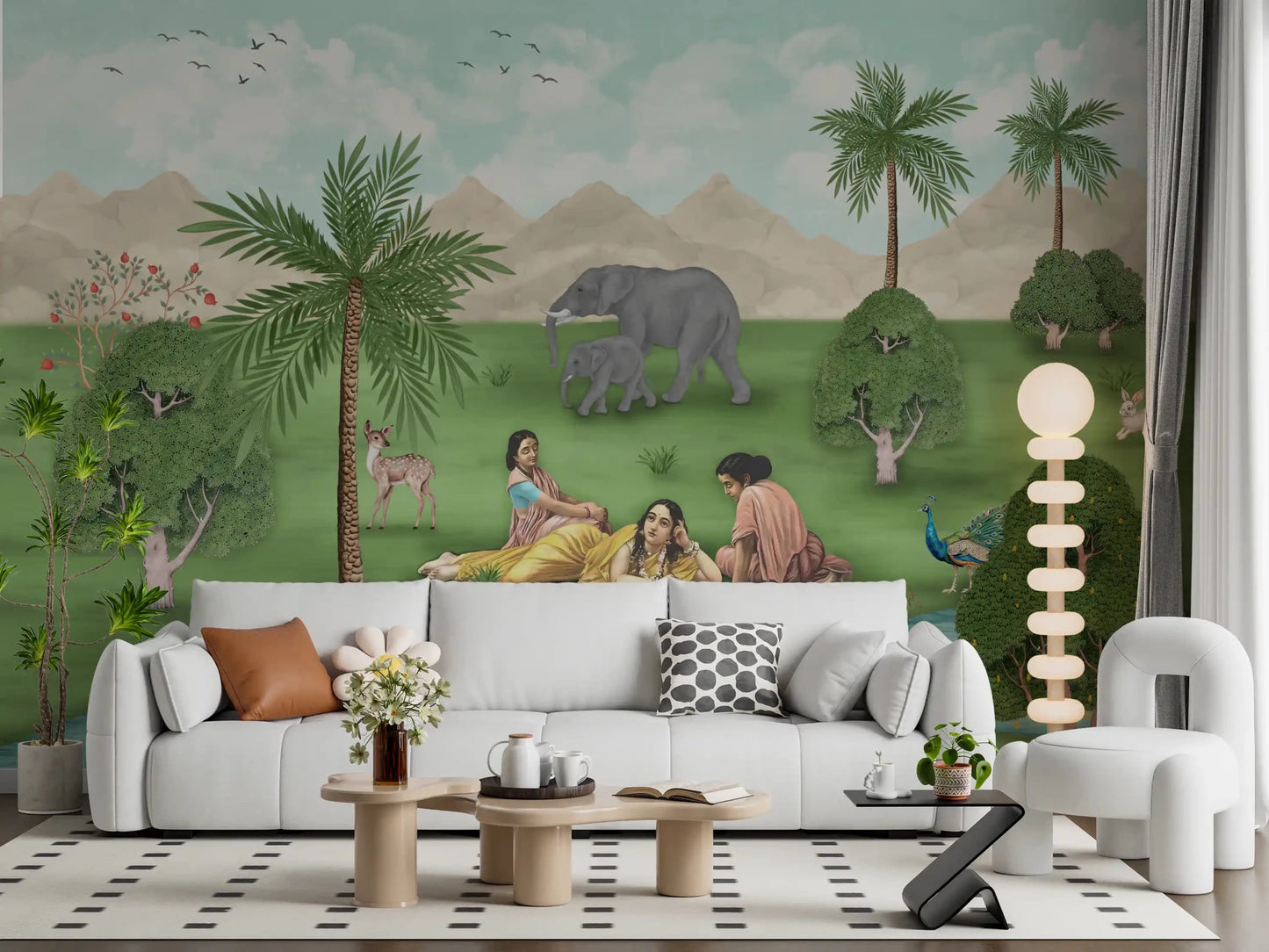 Enchanted Mughal Landscape Wall Mural above a white sofa in a soft living room, GD8956