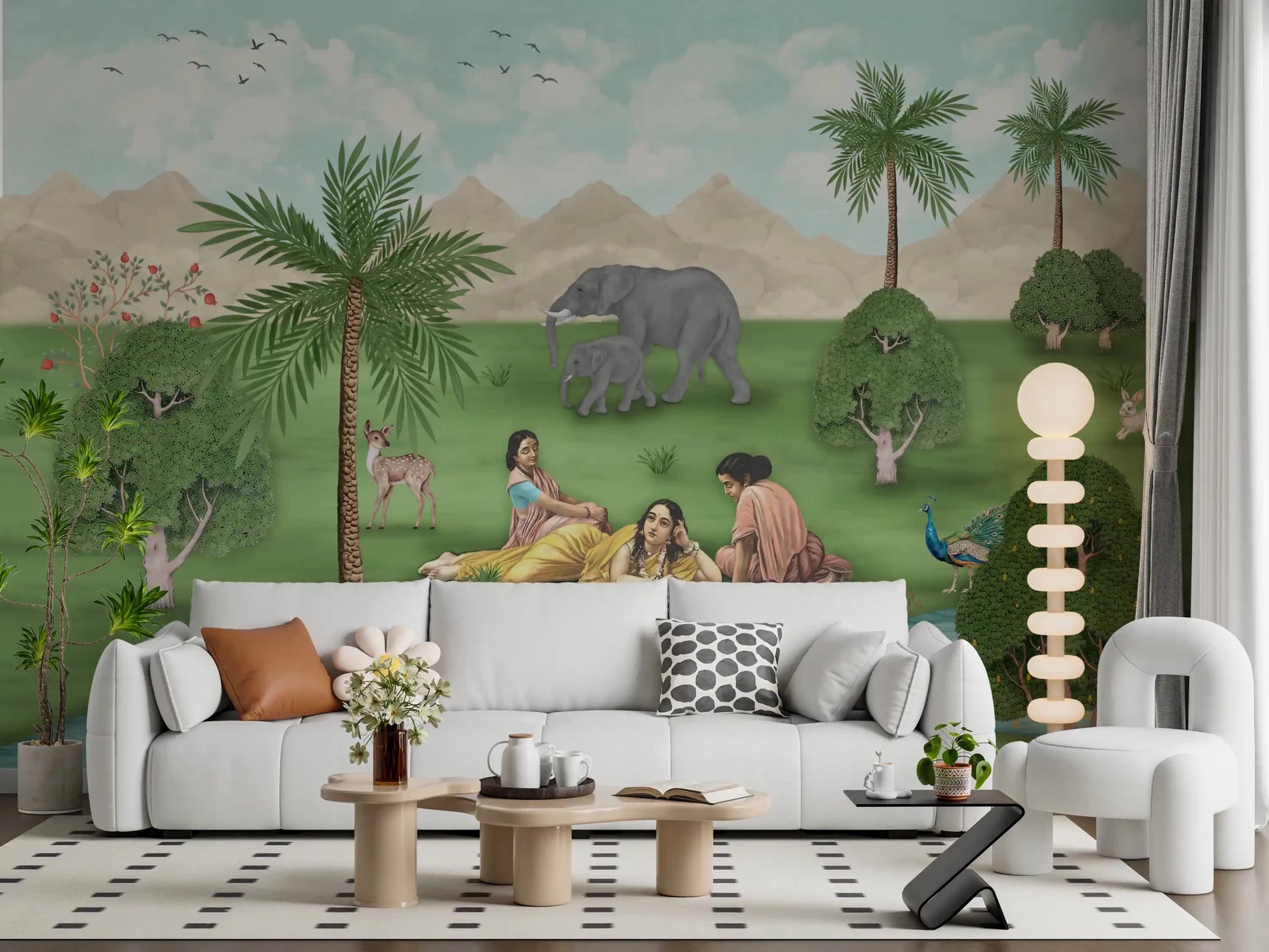 Enchanted Mughal Landscape Wall Mural above a white sofa in a soft living room, GD8956
