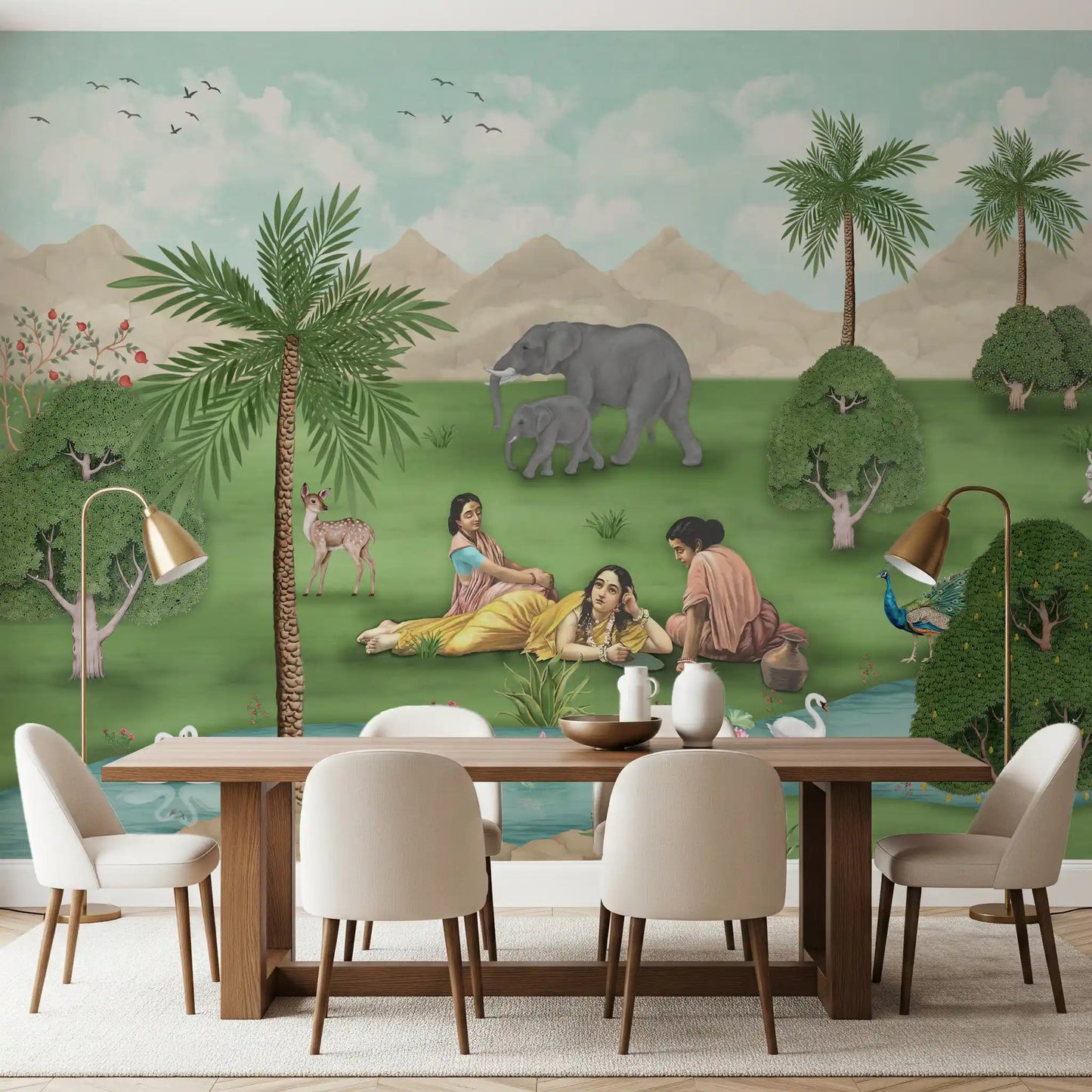 Enchanted Mughal Landscape Wall Mural placed behind a neat dining table setting, GD8956