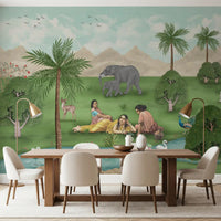 Enchanted Mughal Landscape Wall Mural placed behind a neat dining table setting, GD8956