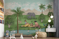 A cosy Nursery corner wrapped in Enchanted Mughal Landscape Wall Mural detail, GD8956