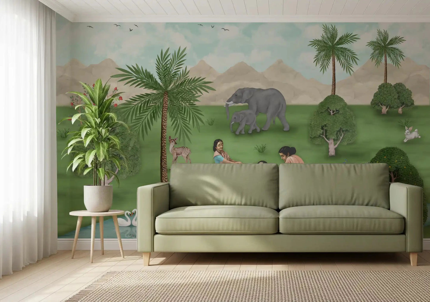 Green sofa finished in Enchanted Mughal Landscape Wall Mural sceneryMughal Landscape Wall Mural, GD8956