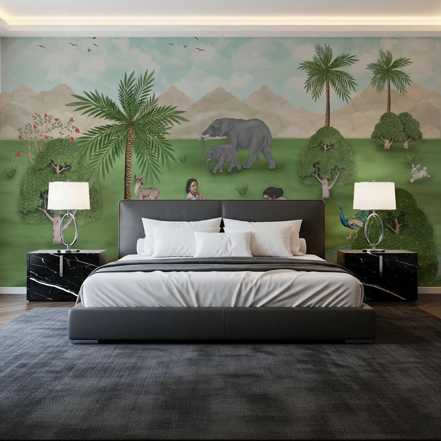 Dark bedroom interior with Enchanted Mughal Landscape Wall Mural behind the bed, GD8956