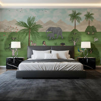 Dark bedroom interior with Enchanted Mughal Landscape Wall Mural behind the bed, GD8956