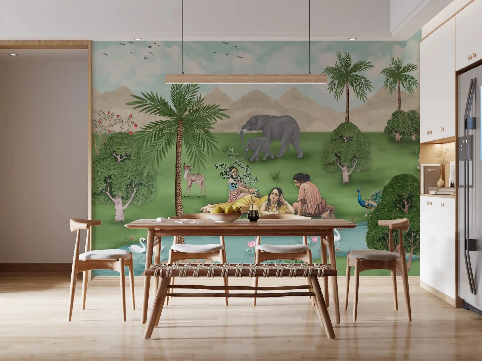 Wooden dining setup paired with Enchanted Mughal Landscape Wall Mural backdrop, GD8956
