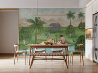 Wooden dining setup paired with Enchanted Mughal Landscape Wall Mural backdrop, GD8956