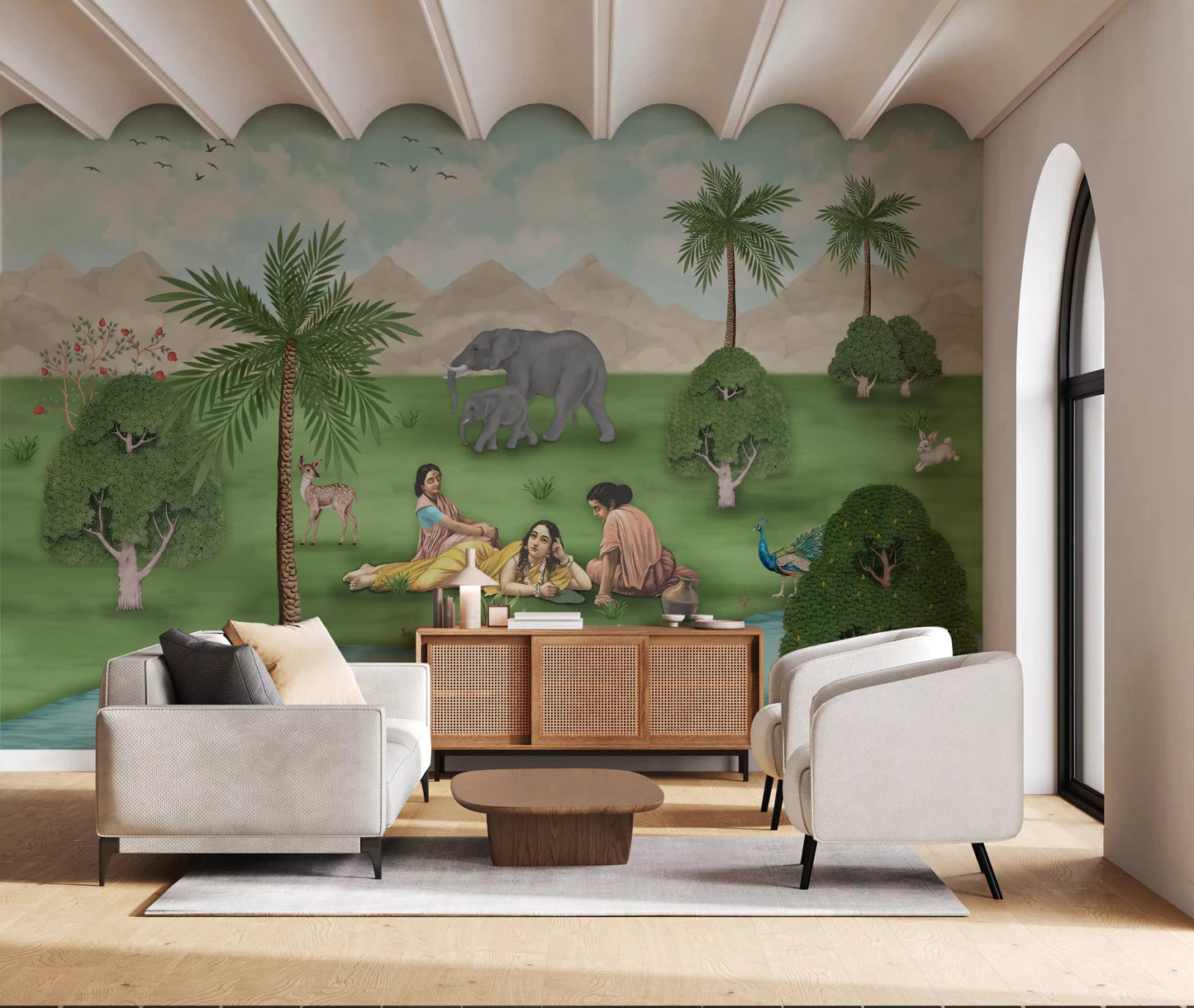 Arched ceiling room featuring Enchanted Mughal Landscape Wall Mural by the sofa, GD8956