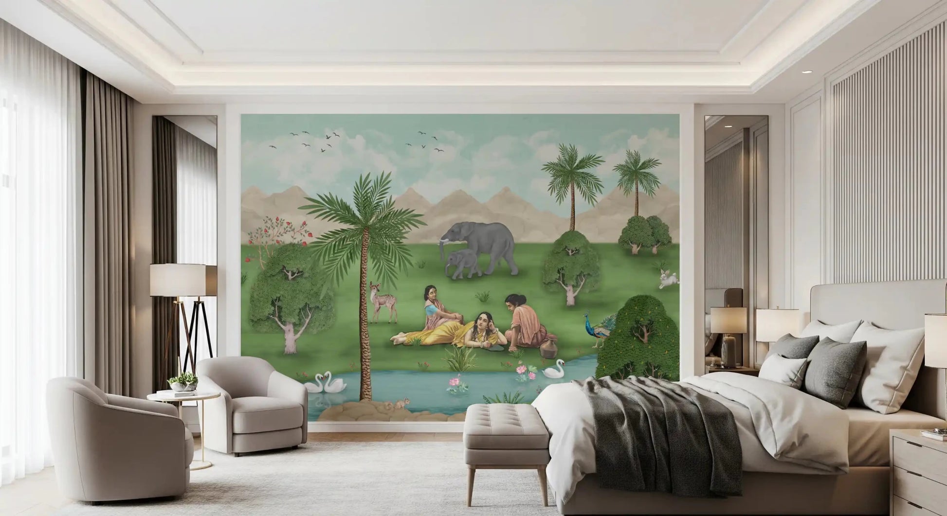 Enchanted Mughal Landscape Wall Mural framed through a calm modern bedroom view, GD8956