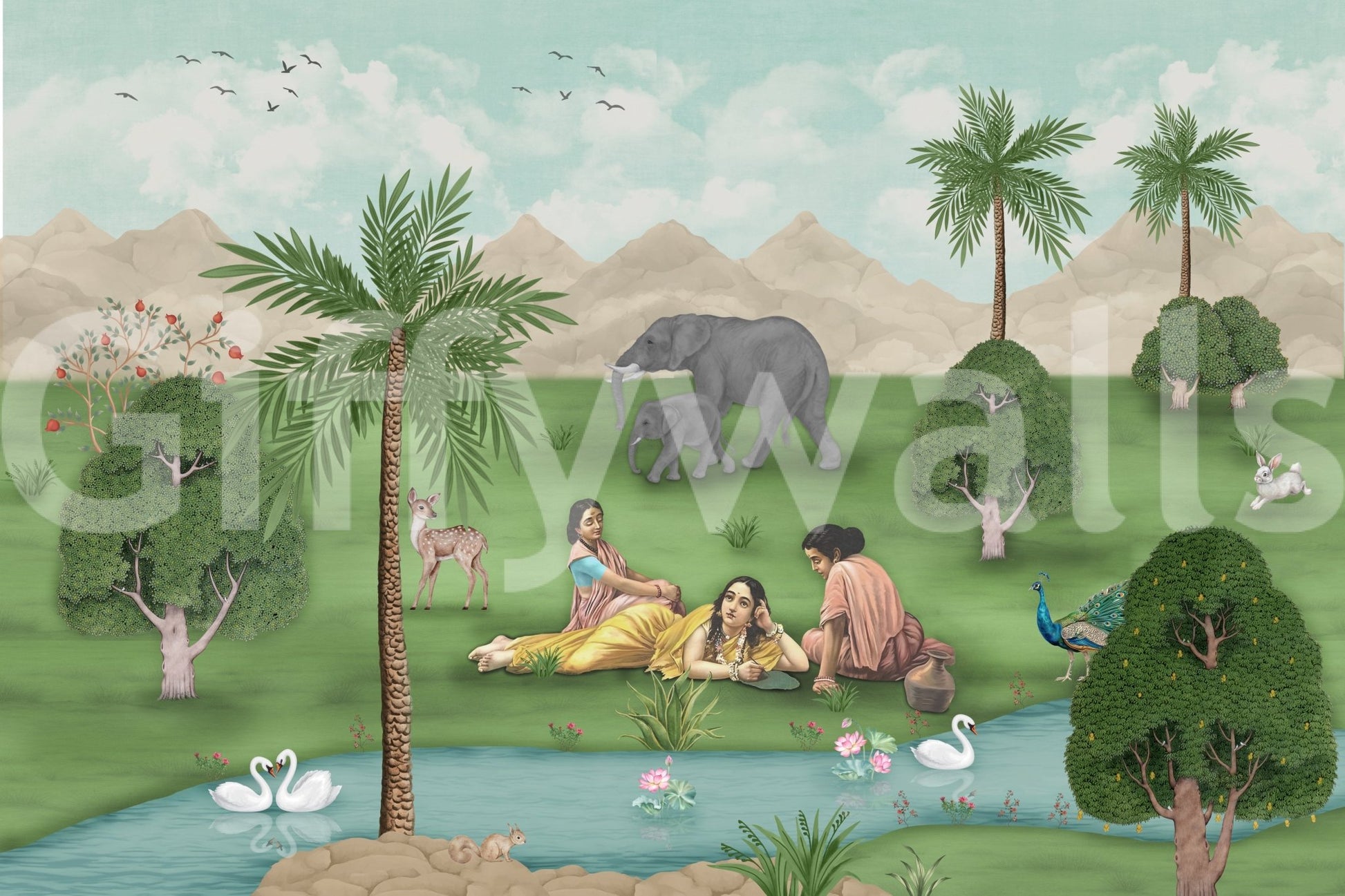 Enchanted Mughal Landscape Wall Mural with palms lake figures and elephants, GD8956