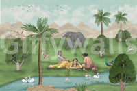 Enchanted Mughal Landscape Wall Mural with palms lake figures and elephants, GD8956