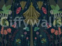Dark garden wall mural with blooming flowers.

