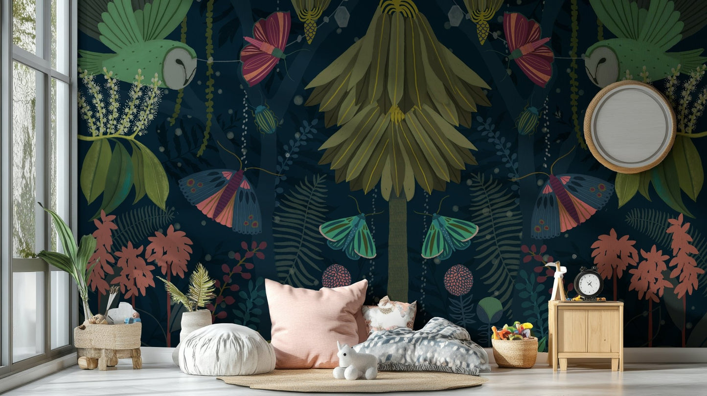Nighttime garden mural with glowing plants.

