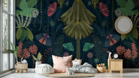 Nighttime garden mural with glowing plants.

