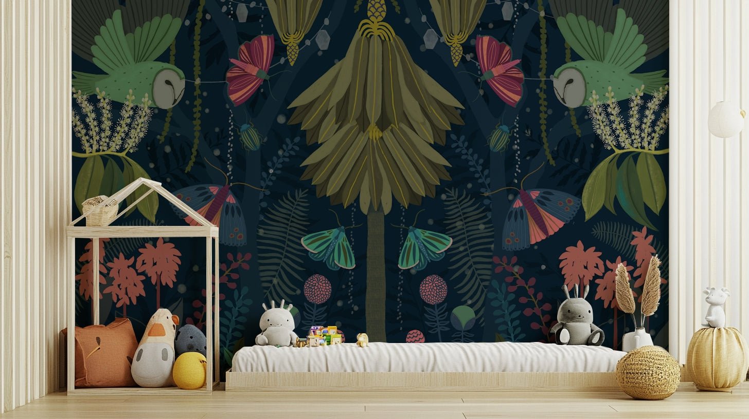 Starry night garden with vibrant flowers.

