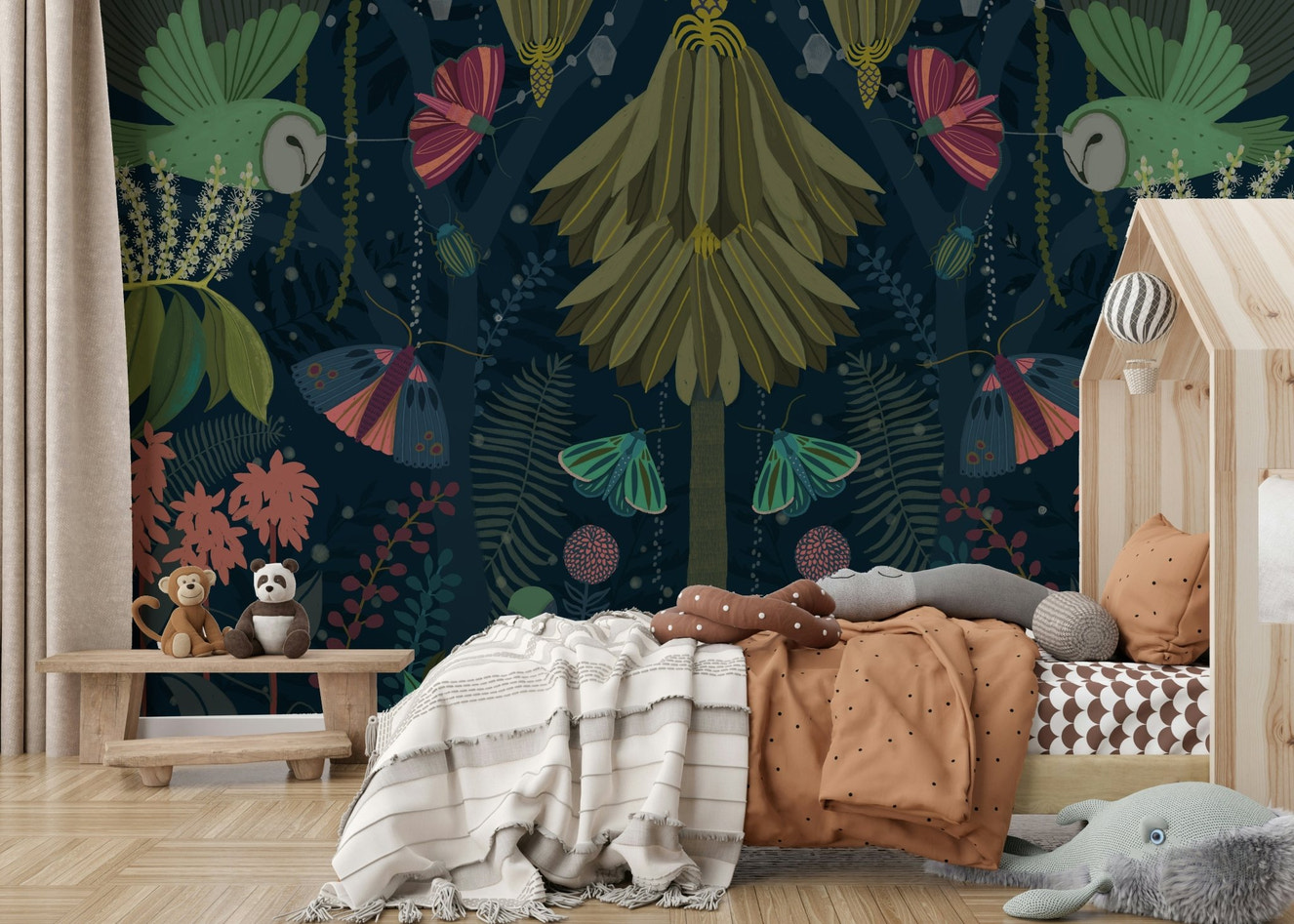 Dreamy garden wall mural featuring night blooms.

