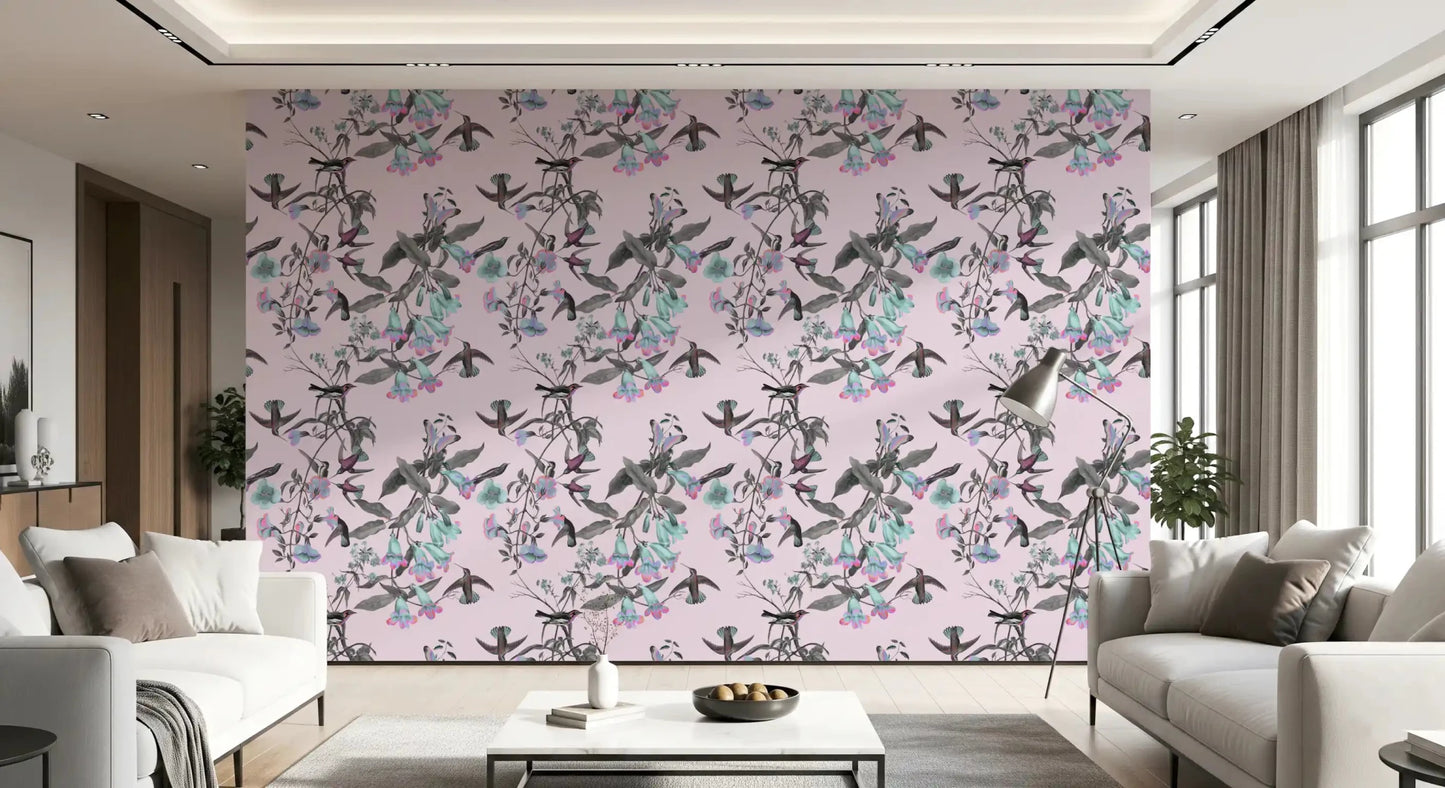 Living room with Enchanted Pastel Aviary Wallpaper and bird motifs